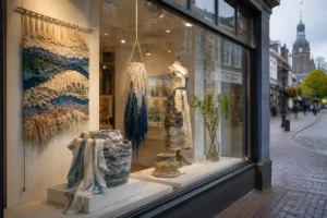 Tentoonstelling duurzame textielkunst te zien in etalage van VVV Purmerend